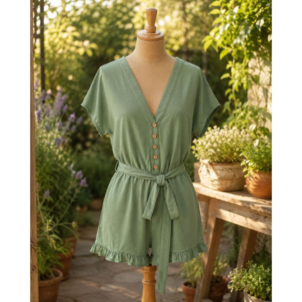 Lezat Sage Green Ruffle Romper V-Neck Wood Buttons Tie Waist Made USA XS
